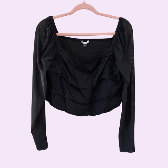 American Eagle Black Ruched Mesh Long Sleeve Top XL - Picture 1 of 9